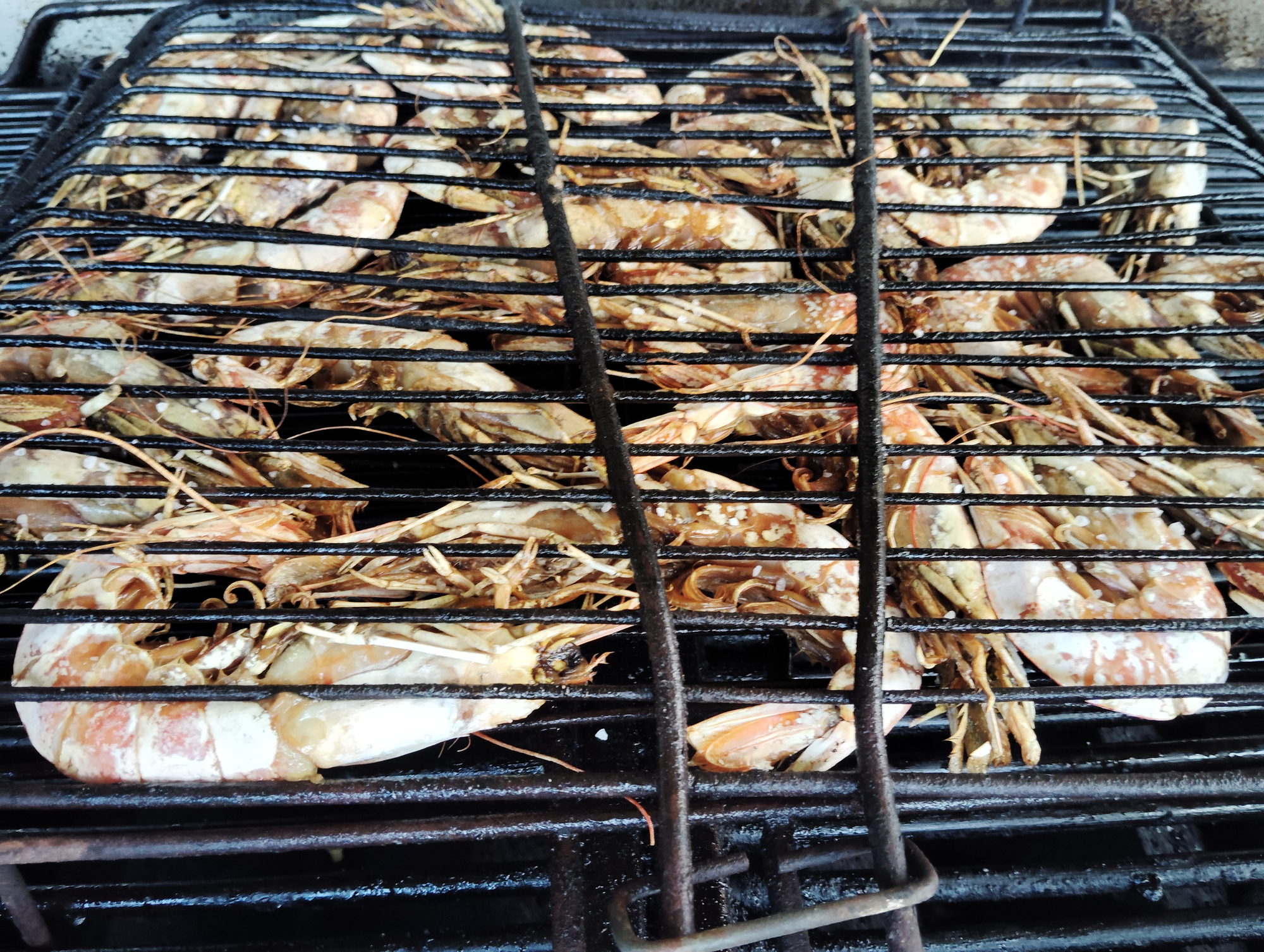 King prawns packed tightly in a grill basket during a seafood barbecue